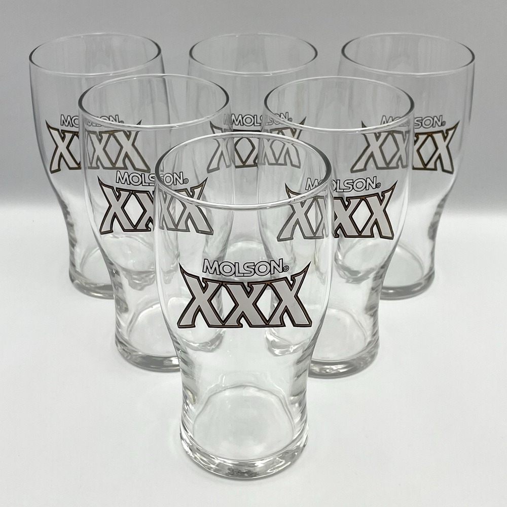 Set of 6 Molson XXX Beer Glasses 6¼" Tall Gold Logo Pint Barware Rare